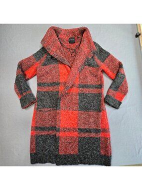 Cyrus S Open Front Cardigan Red/Gray Buffalo Plaid Knit Sweater Long Sleeve Soft